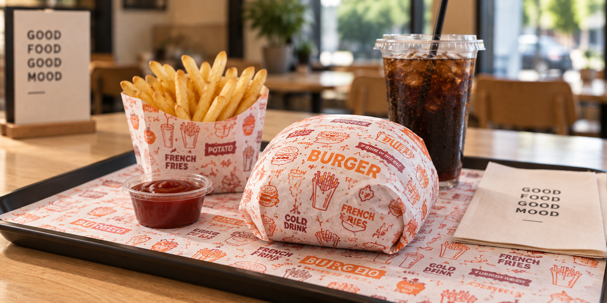 Standard food paper bundles beside custom printed packaging samples