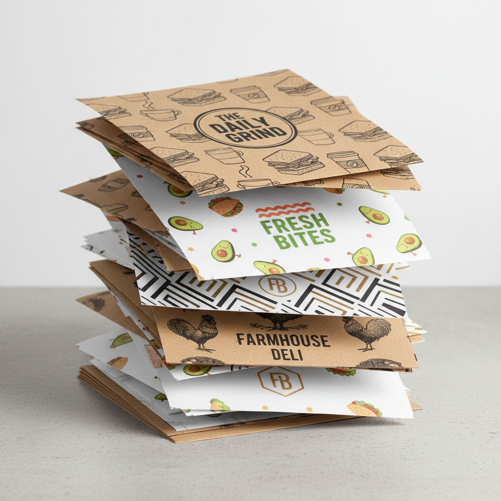 Stack of custom printed deli wrapping paper sheets showing different design options