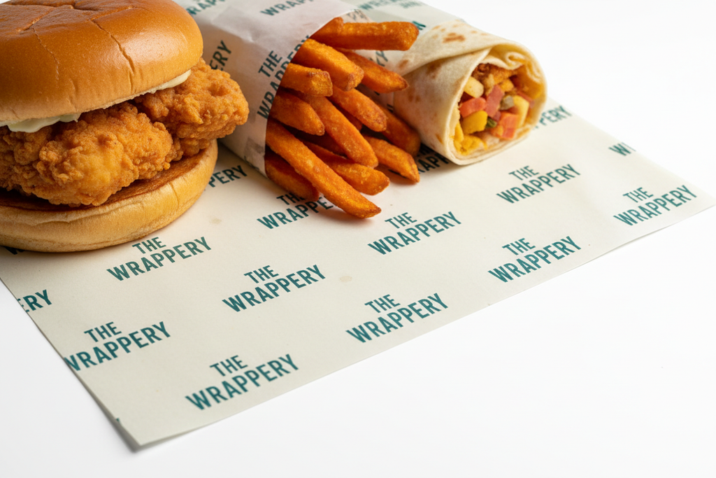 Close-up of custom printed food wrapping paper with logo by PaperLei