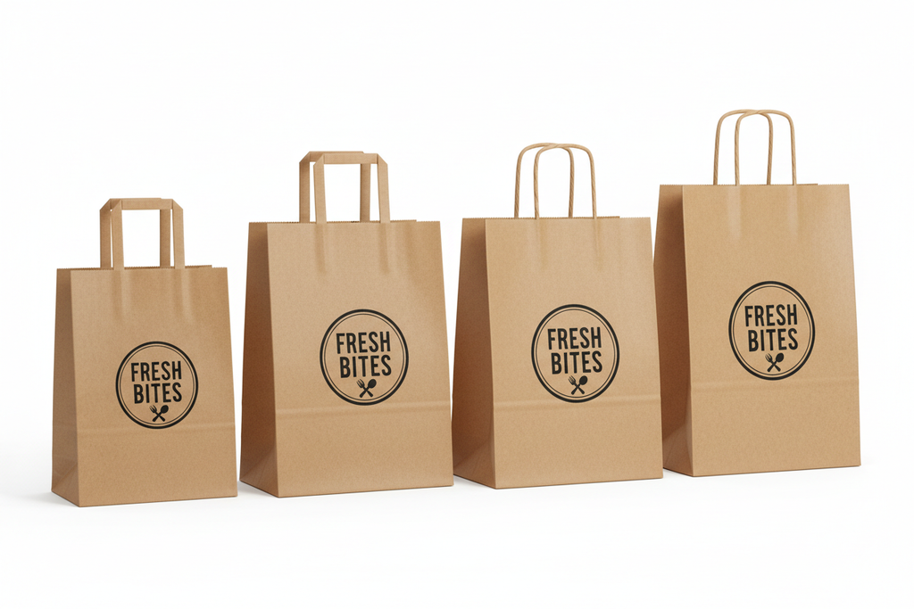 Custom printed kraft food bags showing handle options and sizes by PaperLei