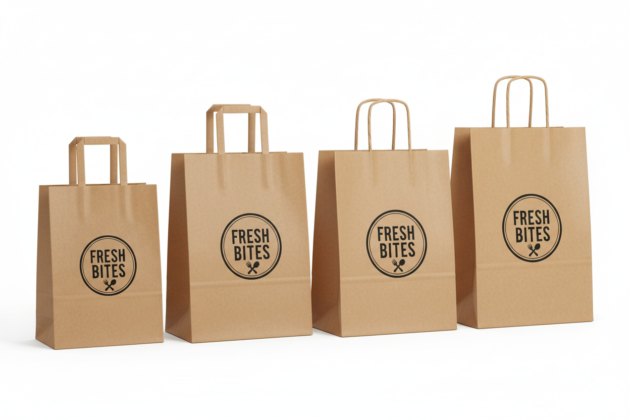 Custom printed kraft food bags showing handle options and sizes by PaperLei