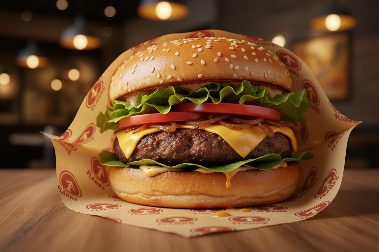Custom branded burger wrapping paper wrapping a cheeseburger by PaperLei