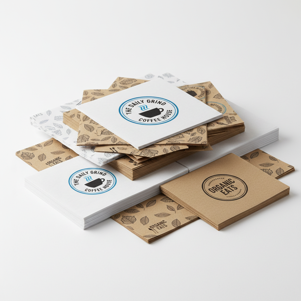 Stack of custom printed tray liner paper size options by PaperLei