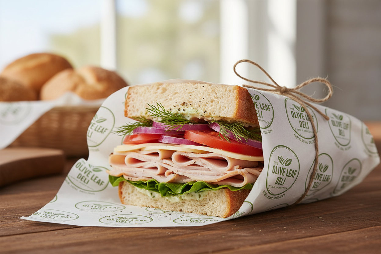 Custom branded sandwich wrapping paper wrapping a fresh deli sandwich by PaperLei