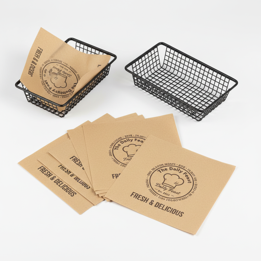 Custom printed food basket liner paper flat lay by PaperLei