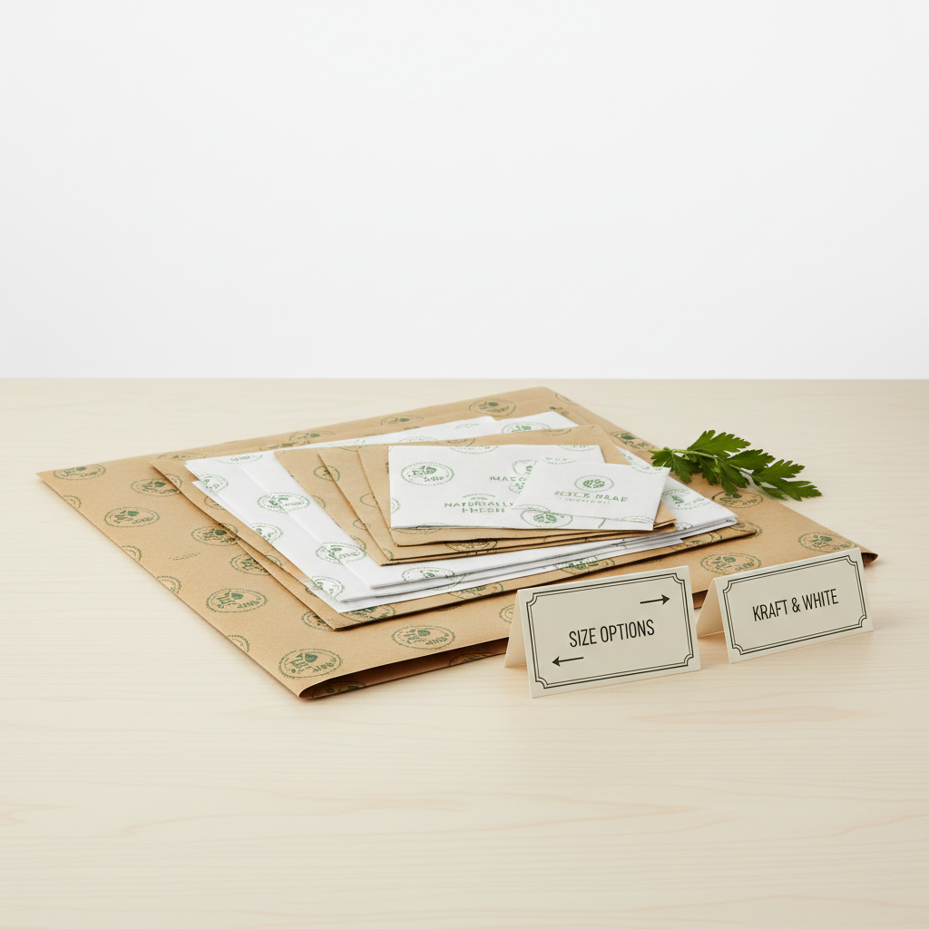 Stack of custom printed food wrapping paper size options by PaperLei