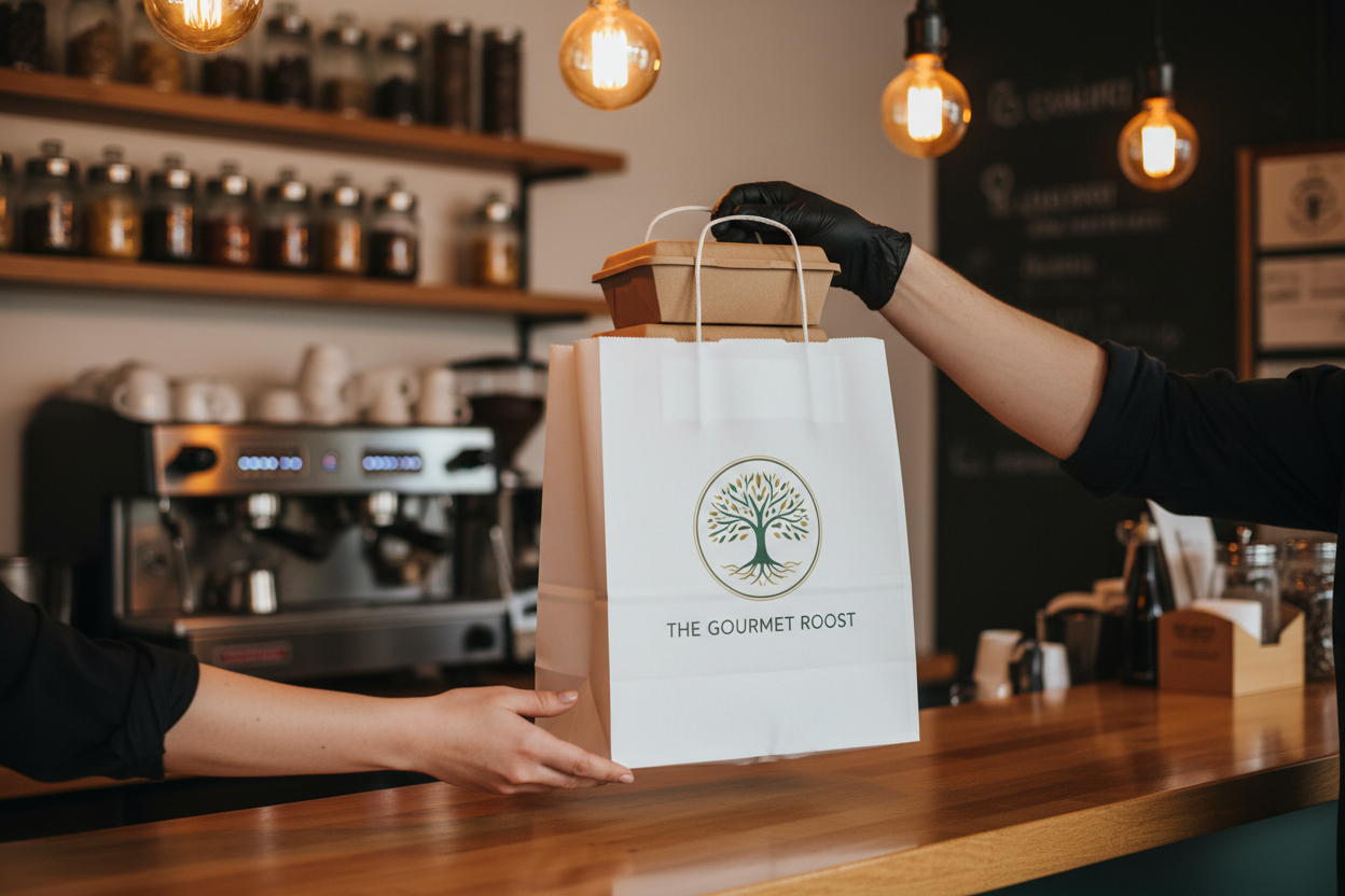 Custom branded takeaway bag being handed over at restaurant counter by PaperLei