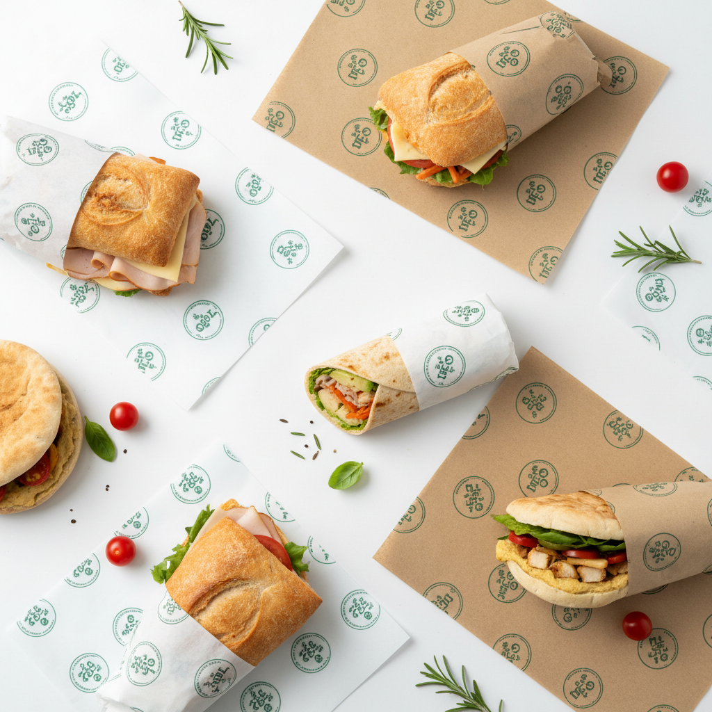 Custom printed sandwich wrapping paper flat lay by PaperLei
