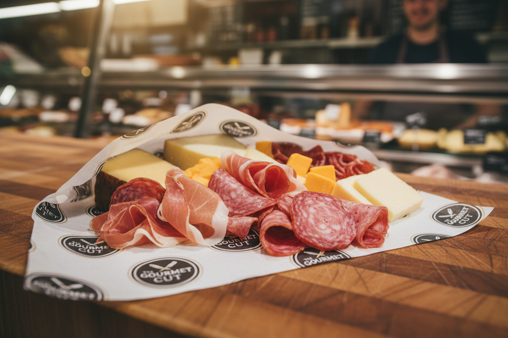 Custom branded deli wrapping paper wrapping sliced meats and cheese by PaperLei