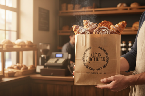 Custom branded bakery bag holding fresh croissants and pastries by PaperLei