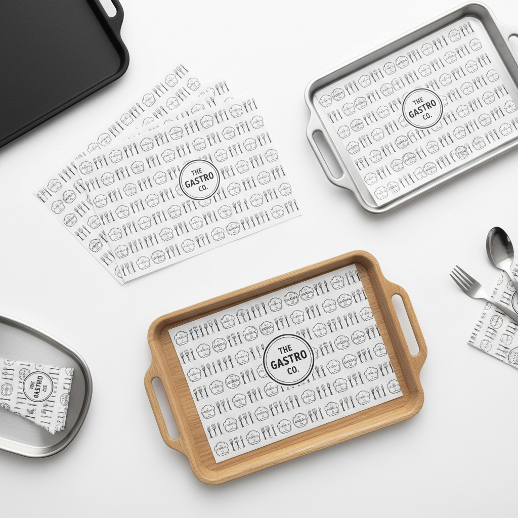 Custom printed tray liner paper flat lay by PaperLei