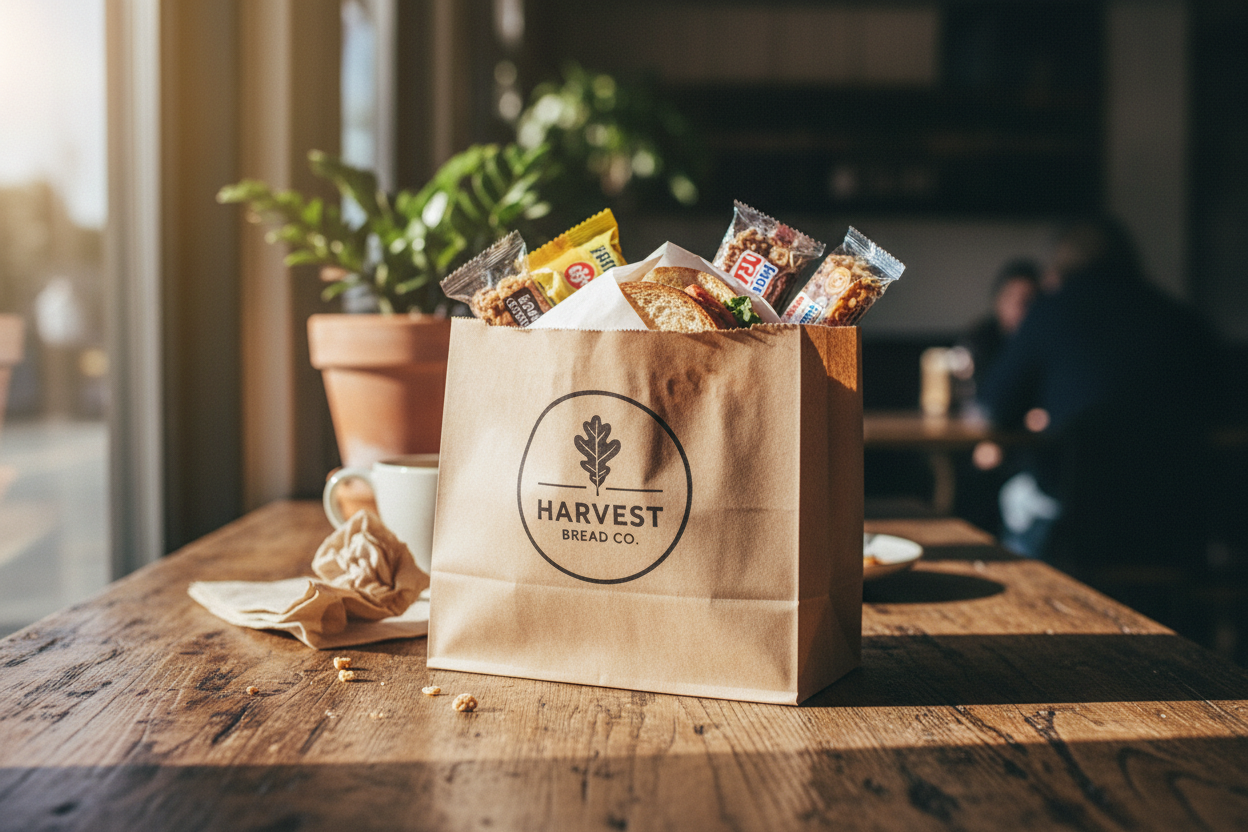Custom branded kraft food bag in use with takeaway food by PaperLei