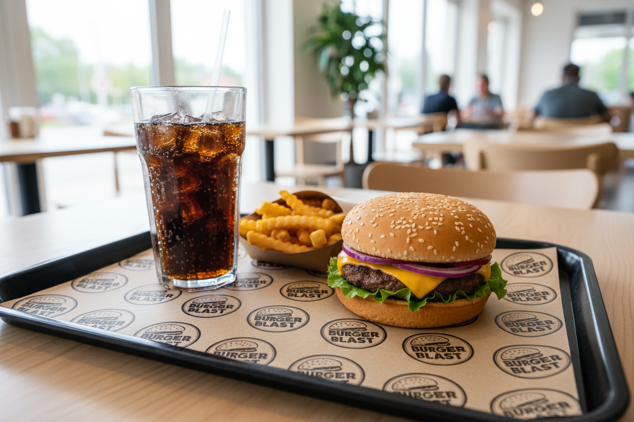Custom branded tray liner in use on restaurant serving tray by PaperLei