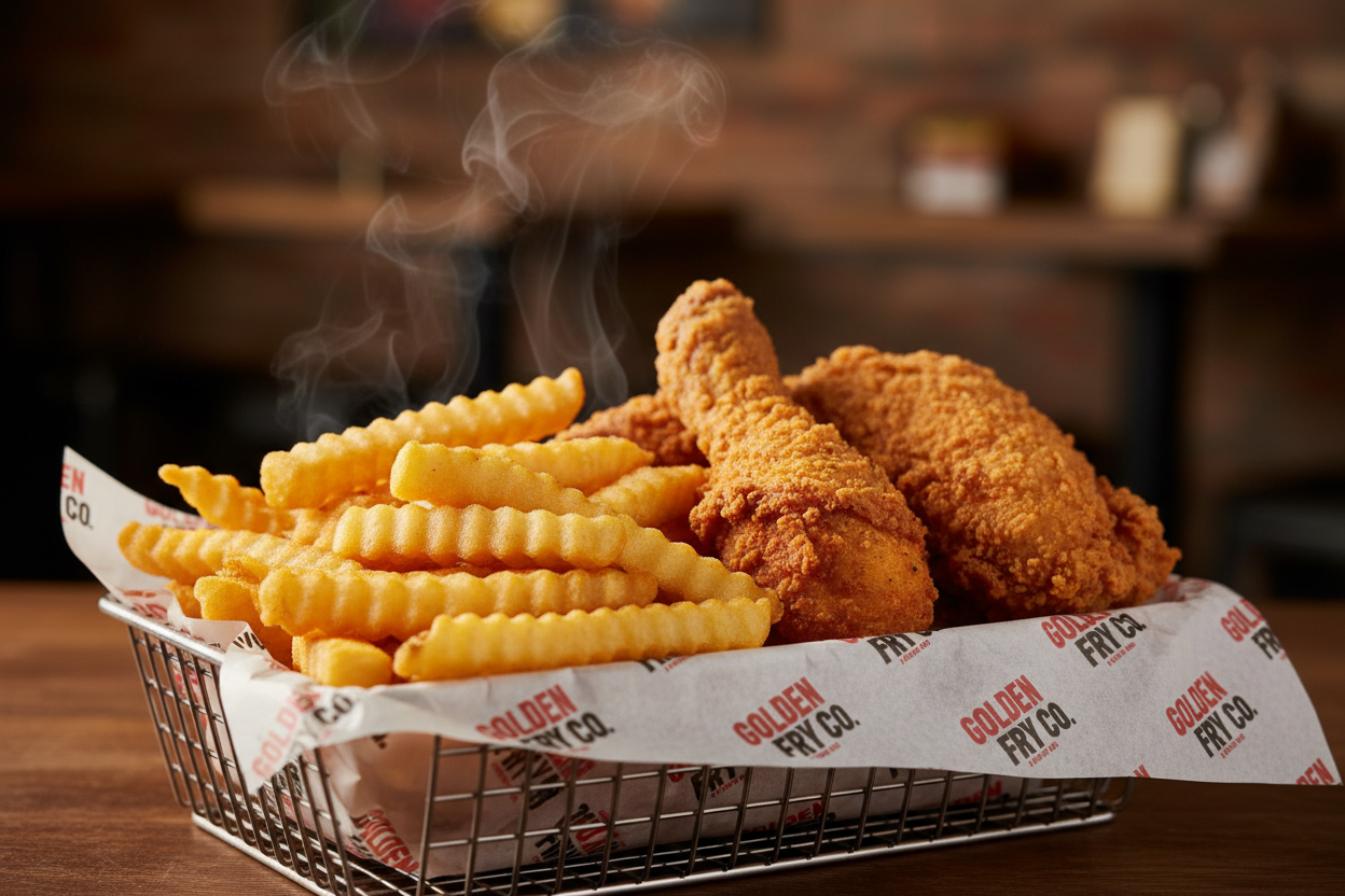 Custom branded basket liner in use with fries and fried chicken by PaperLei