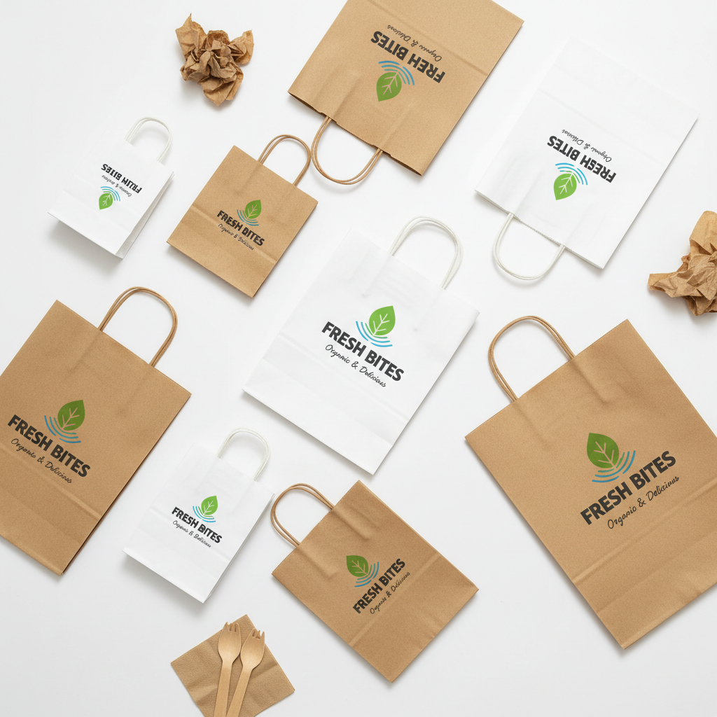 Custom printed takeaway bags flat lay by PaperLei