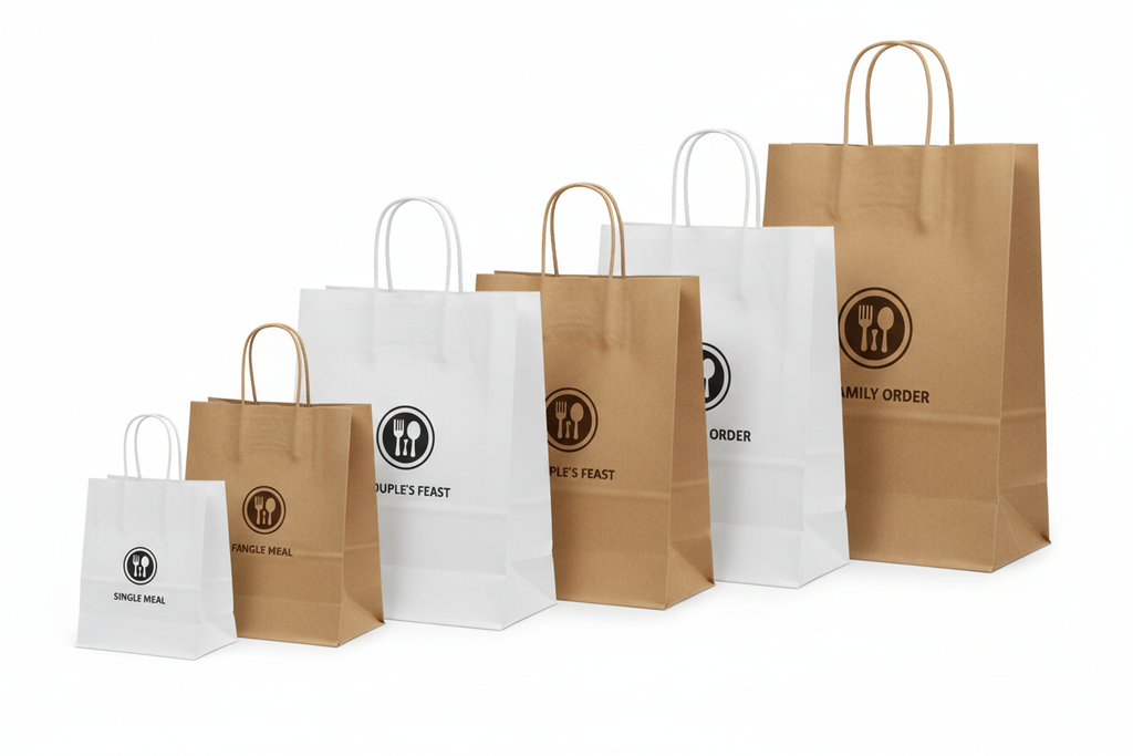 Custom printed takeaway bags in multiple sizes by PaperLei