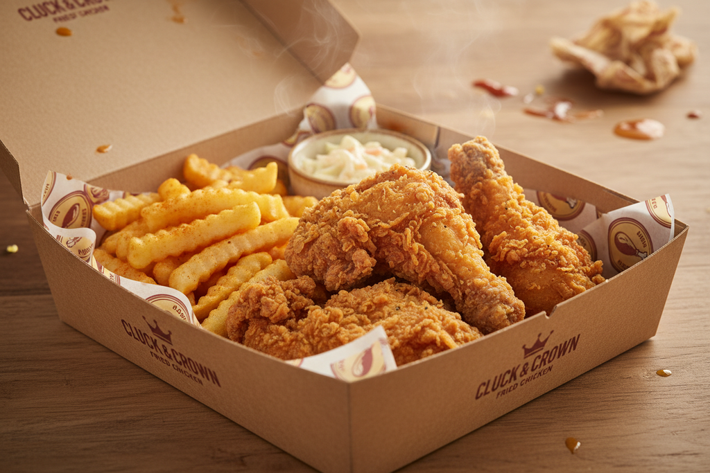 Custom branded box liner inside open takeaway food box by PaperLei