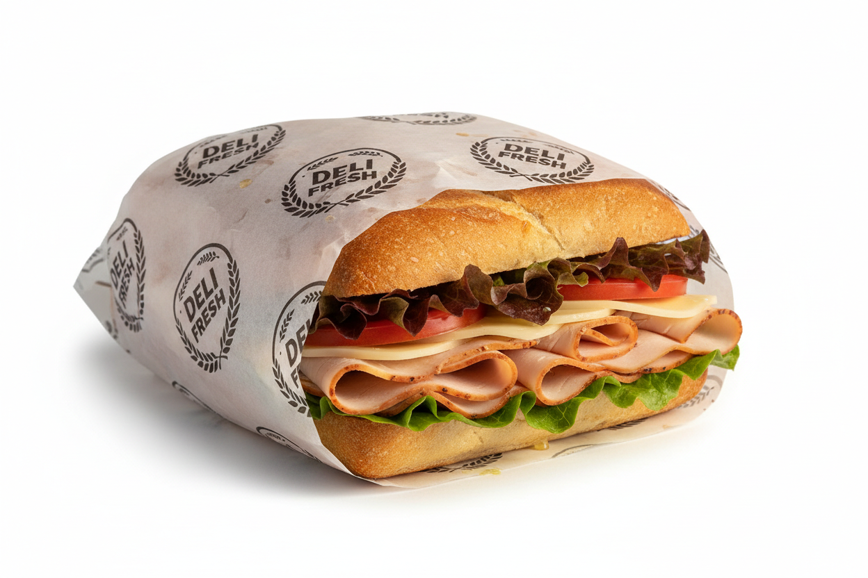 Close-up of custom branded deli wrapping paper wrapping a fresh sandwich